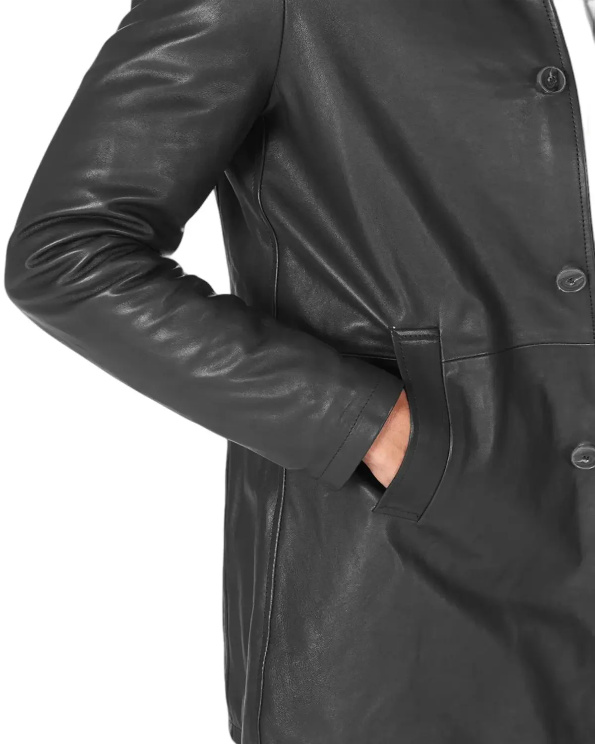 Mens Iconic Black Mid-Length Leather Coat | Elite Jacket