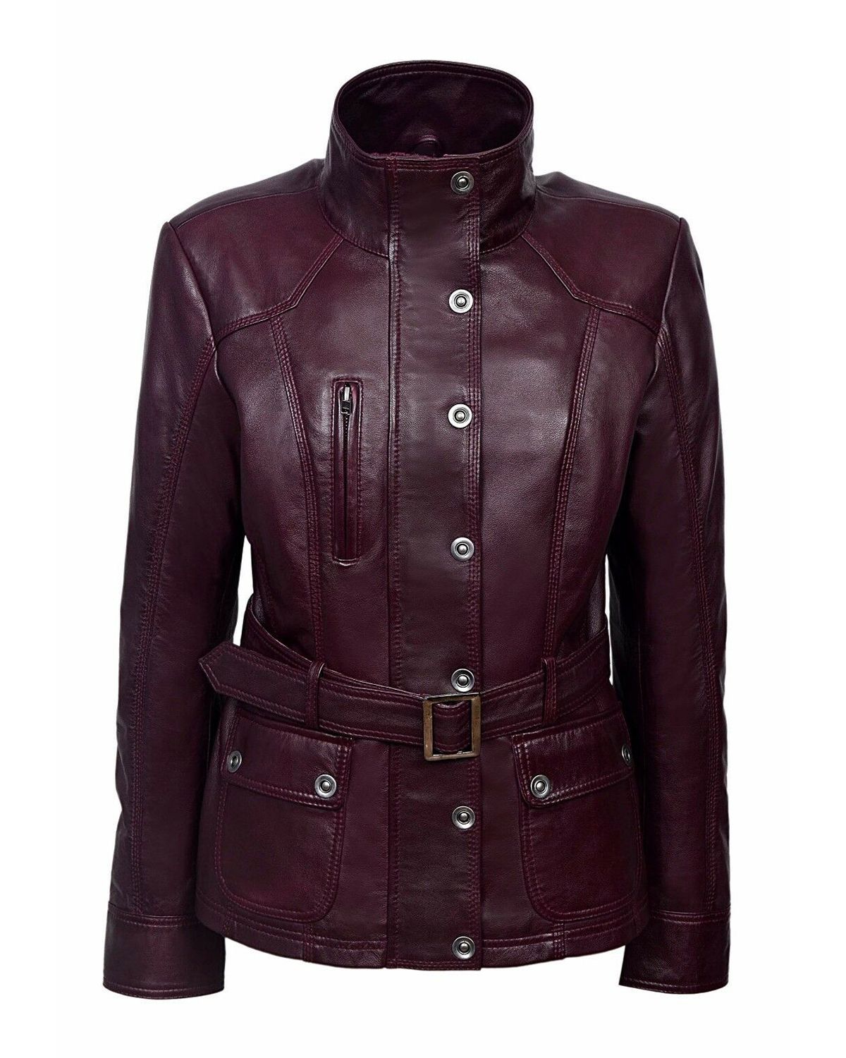 Military Style Cherry Plum Leather Jacket For Women Elite Jacket