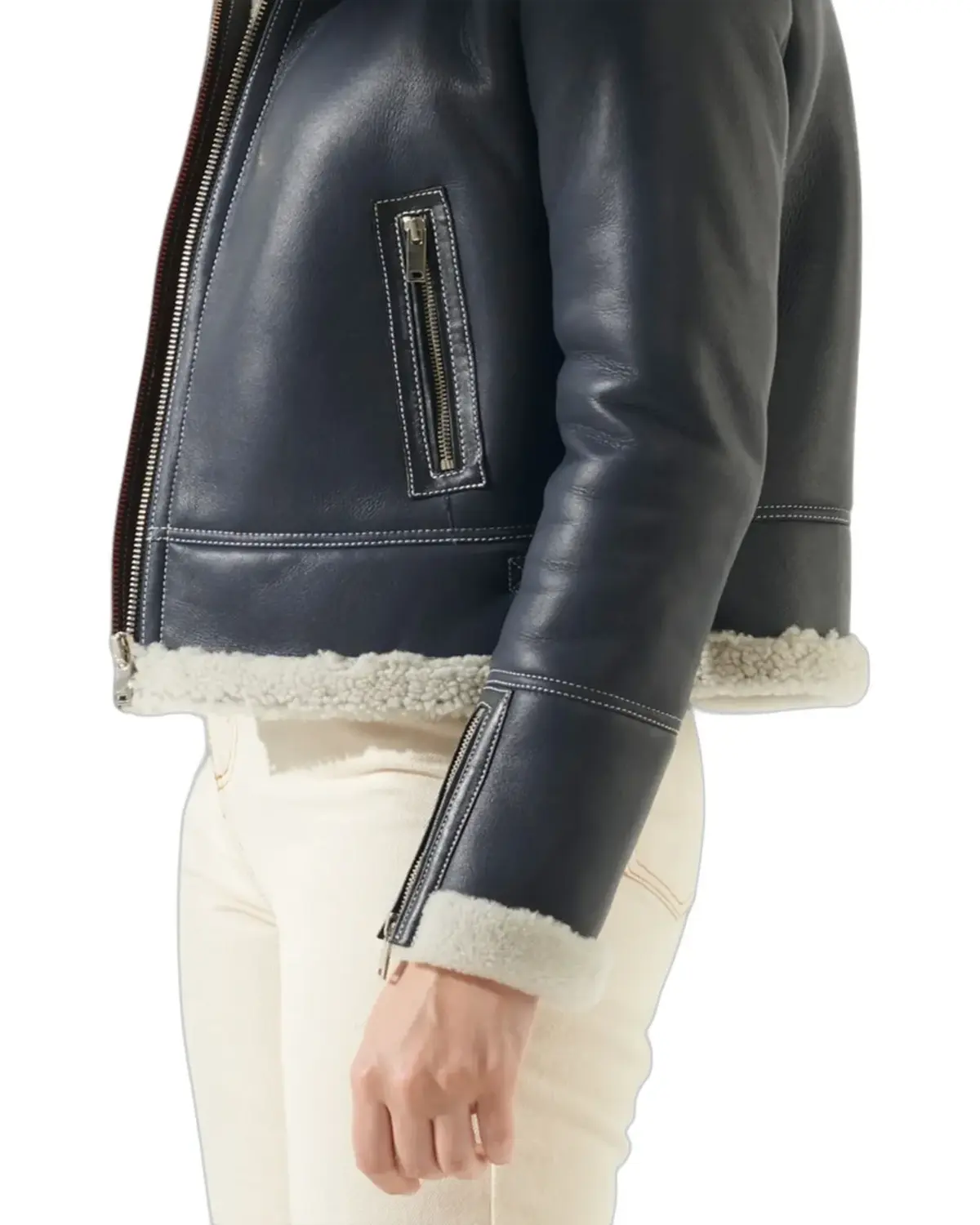 Womens Navy Blue Shearling Leather Jacket | Elite Jacket