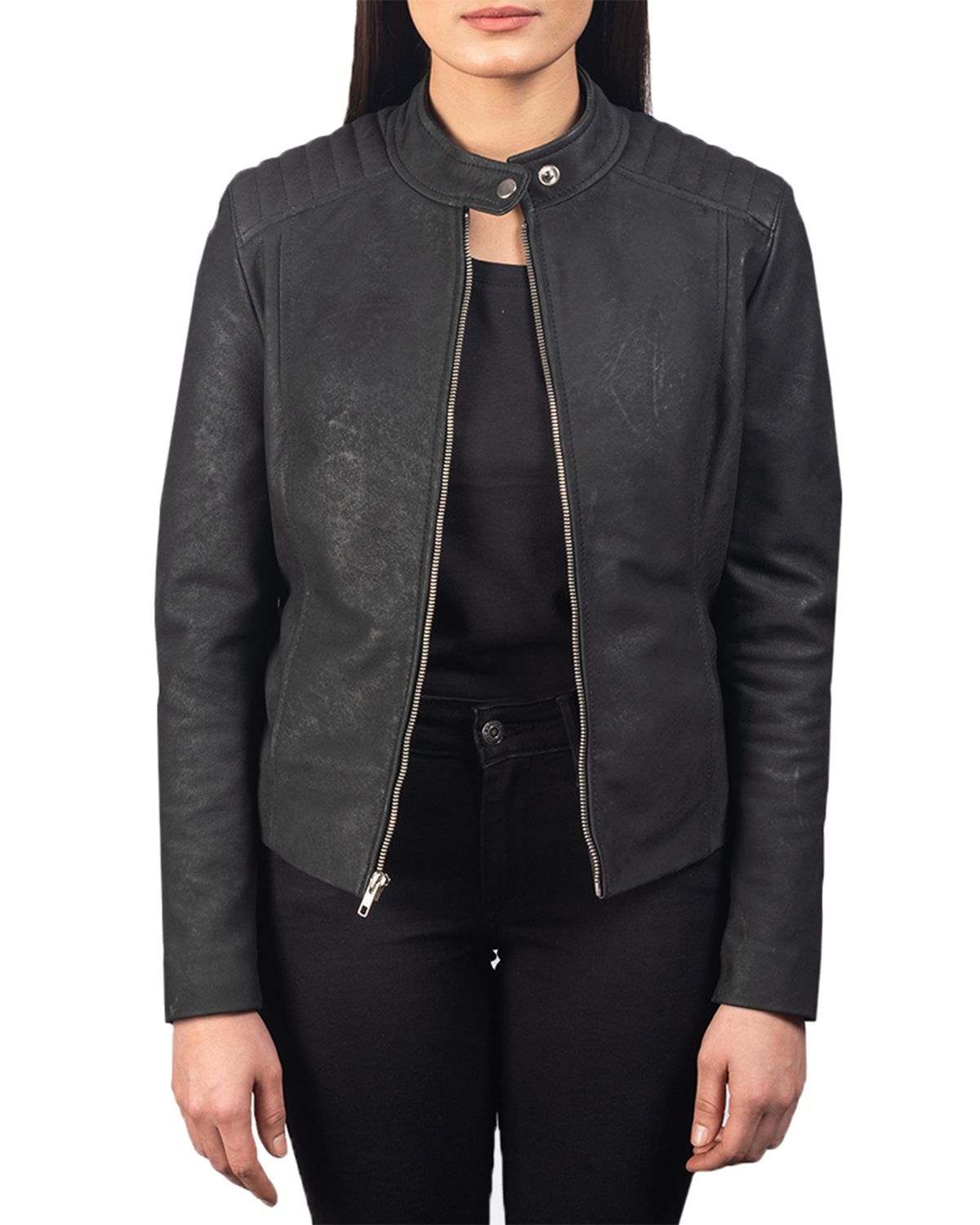 Womens Slim Fit Leather Jacket With Quilted Shoulders | Elite