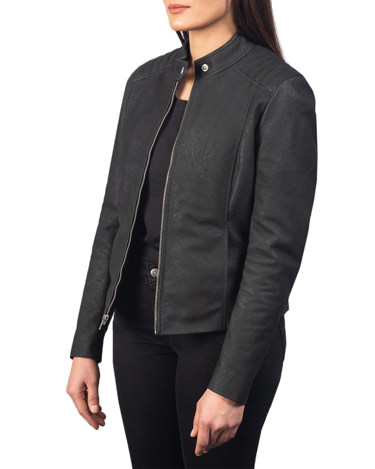 Womens Slim Fit Leather Jacket With Quilted Shoulders | Elite