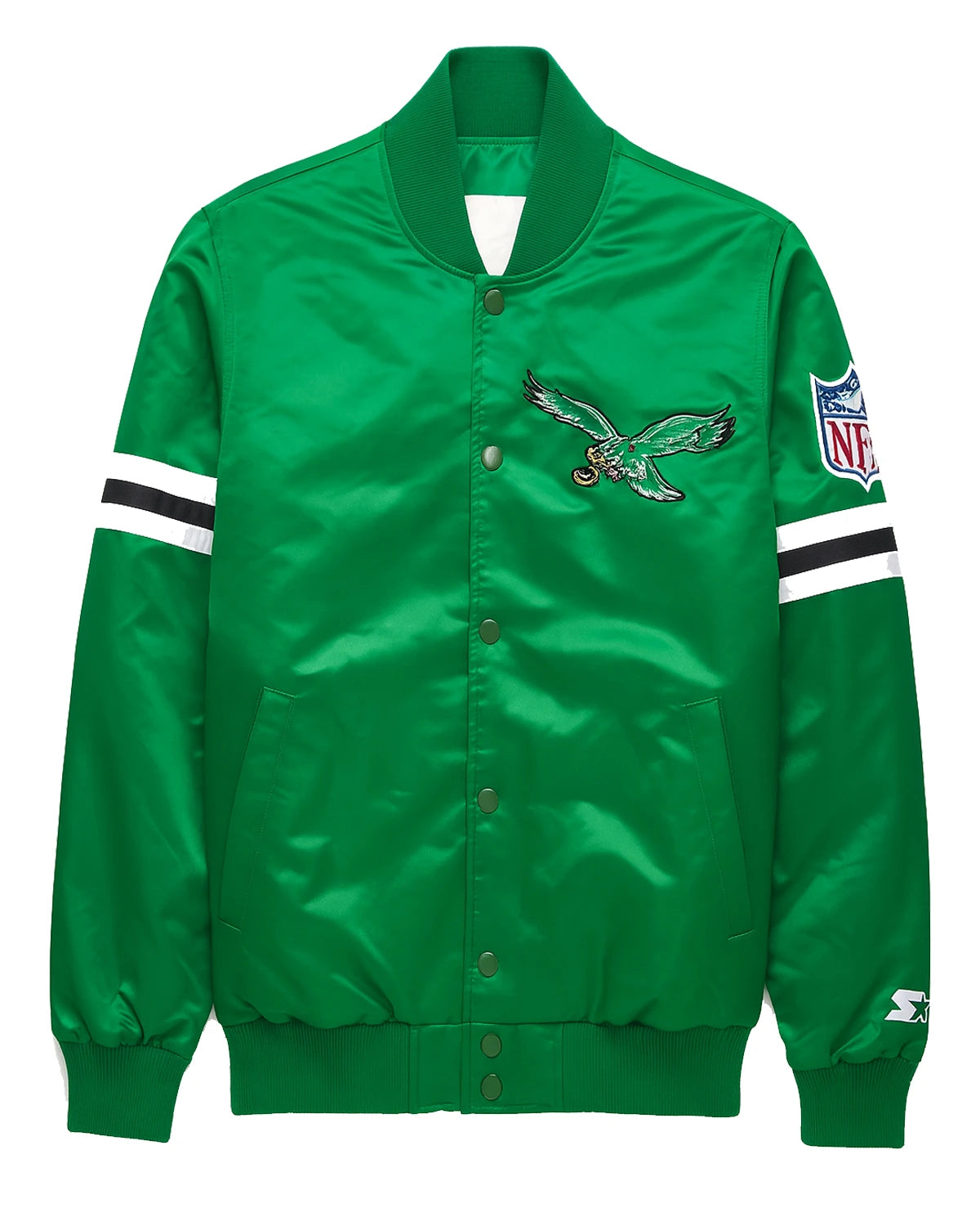 Philadelphia Eagles Striped Satin Jacket front green.webp