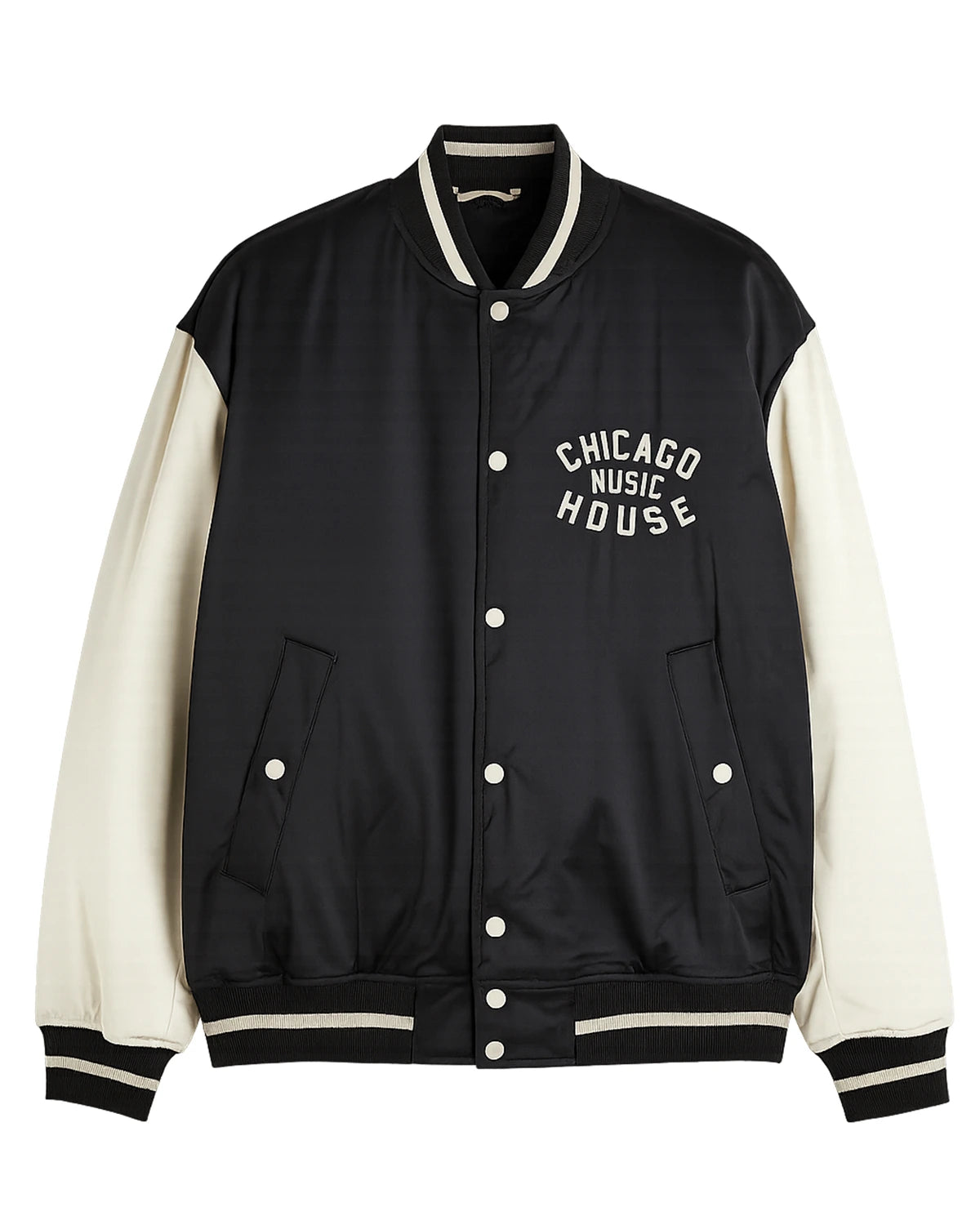 Chicago Music House Baseball Jacket front black white.webp
