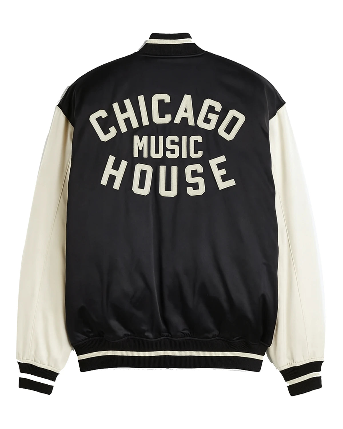 Chicago Music House Baseball Jacket back black white.webp