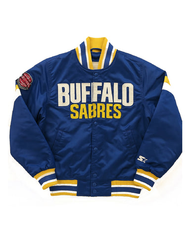 Buffalo Sabres Royal Snap Up Varsity Satin Jacket front blue.webp