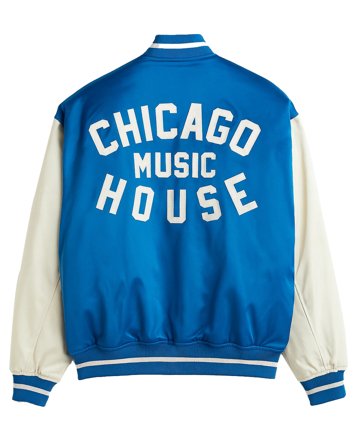 Chicago Music House Baseball Jacket back blue white.webp