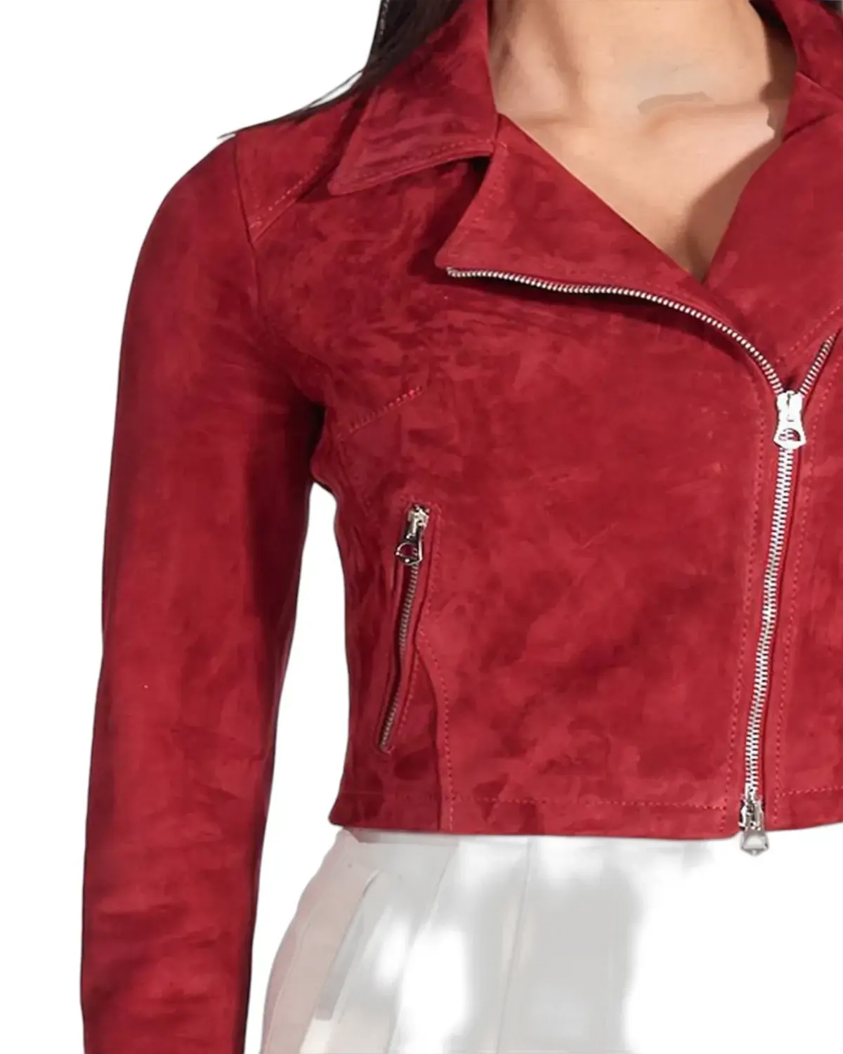 Womens Red Short Suede Biker Leather Jacket | Elite Jacket