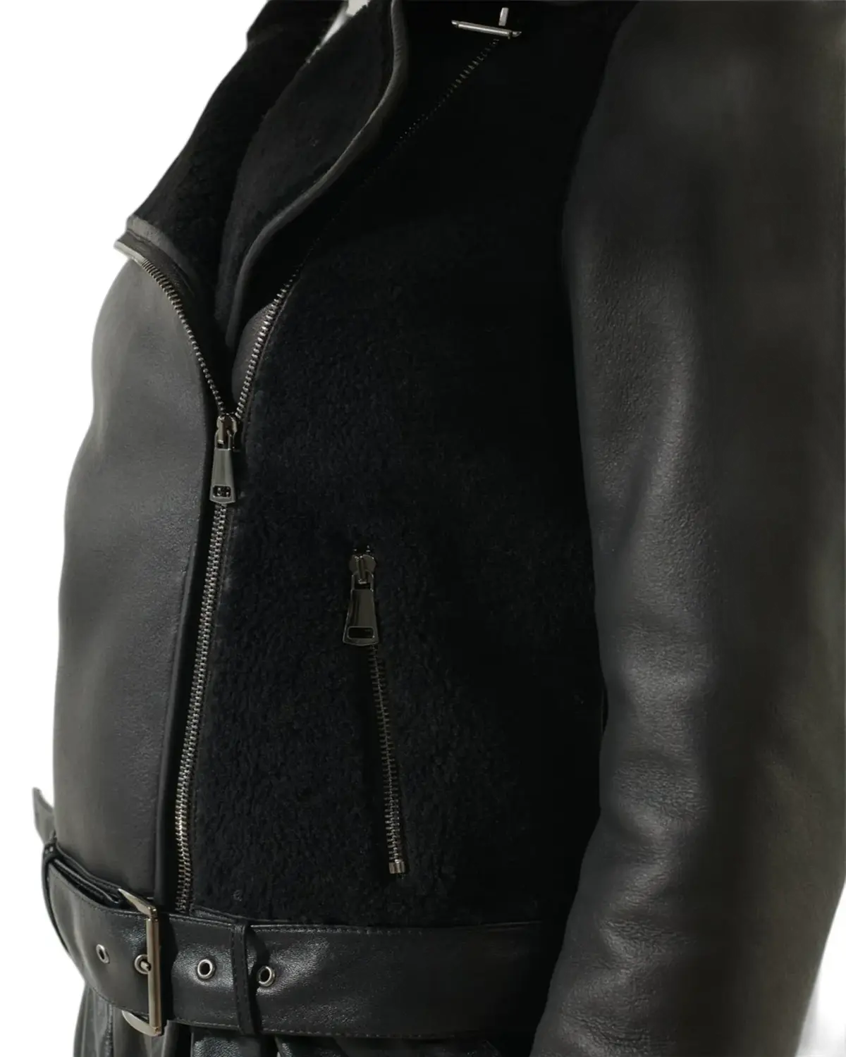 Womens Shiny Black Shearling Leather Jacket