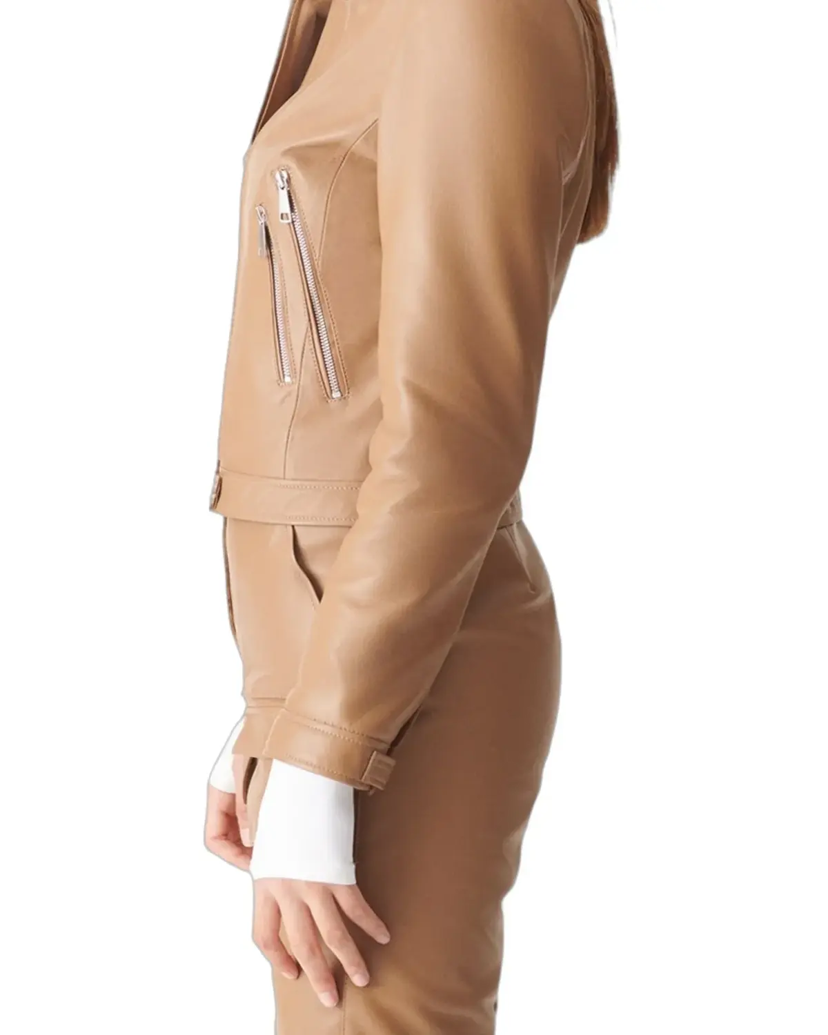 Womens Tan Sports Biker Leather Jacket