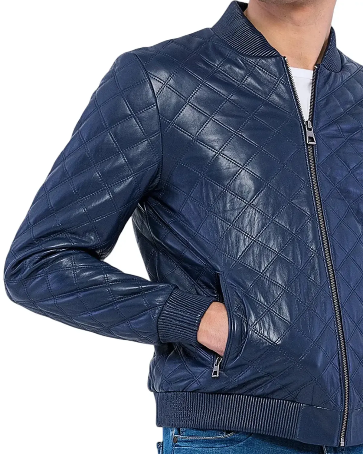 Mens Blue Quilted Leather Bomber Jacket | Elite Jacket