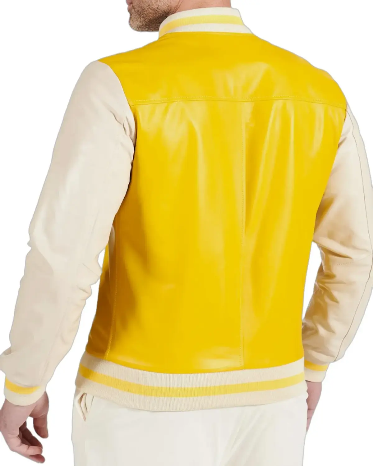 Mens Yellow Beige Leather Varsity Jacket | 