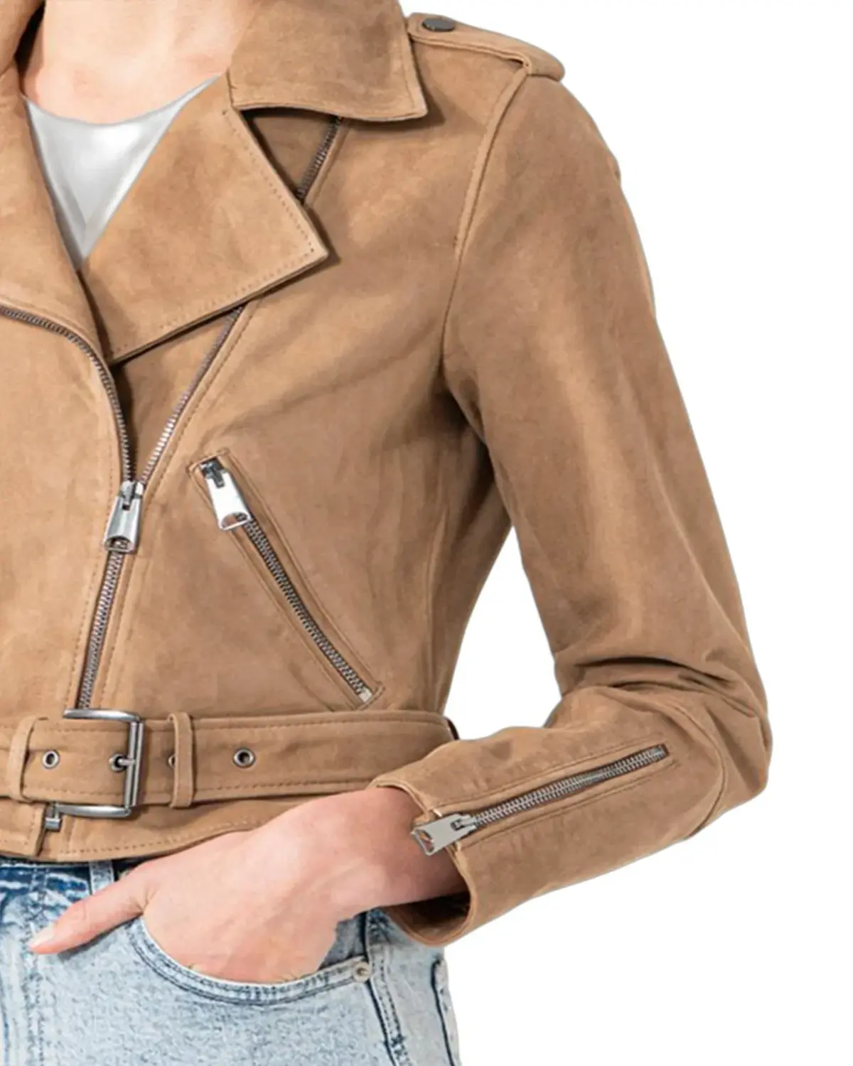 Womens Camel Suede Biker Leather Jacket | Elite Jacket