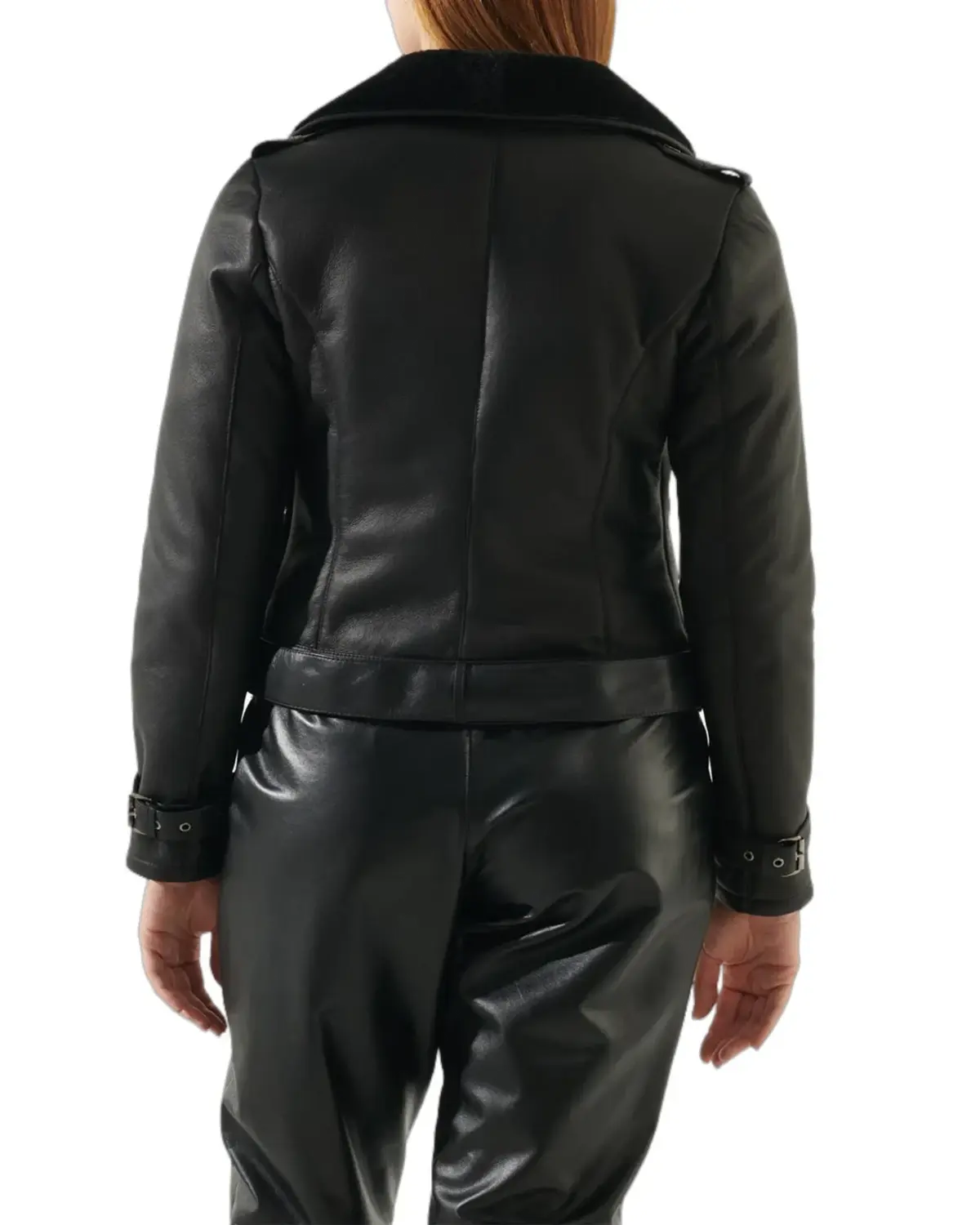 Womens Shiny Black Shearling Leather Jacket