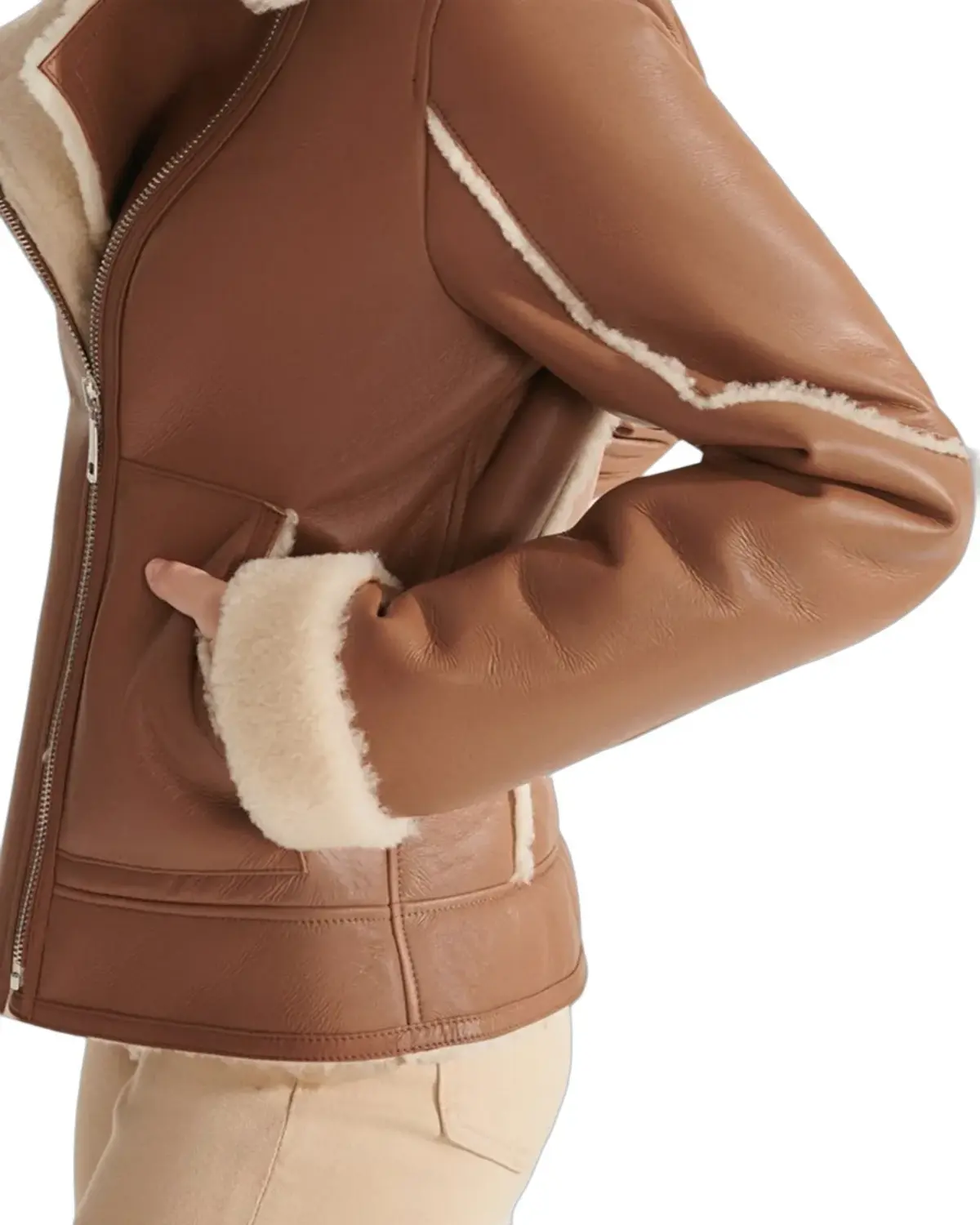 Womens TAN Sports Shearling Leather Jacket