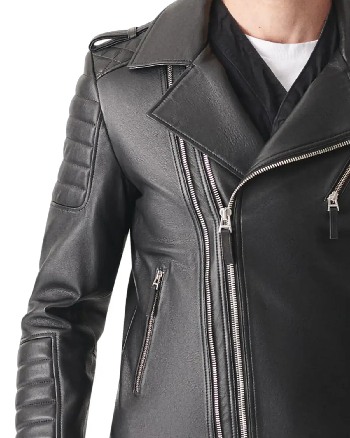 Mens Quilted Charcoal Black Biker Leather Jacket | Elite