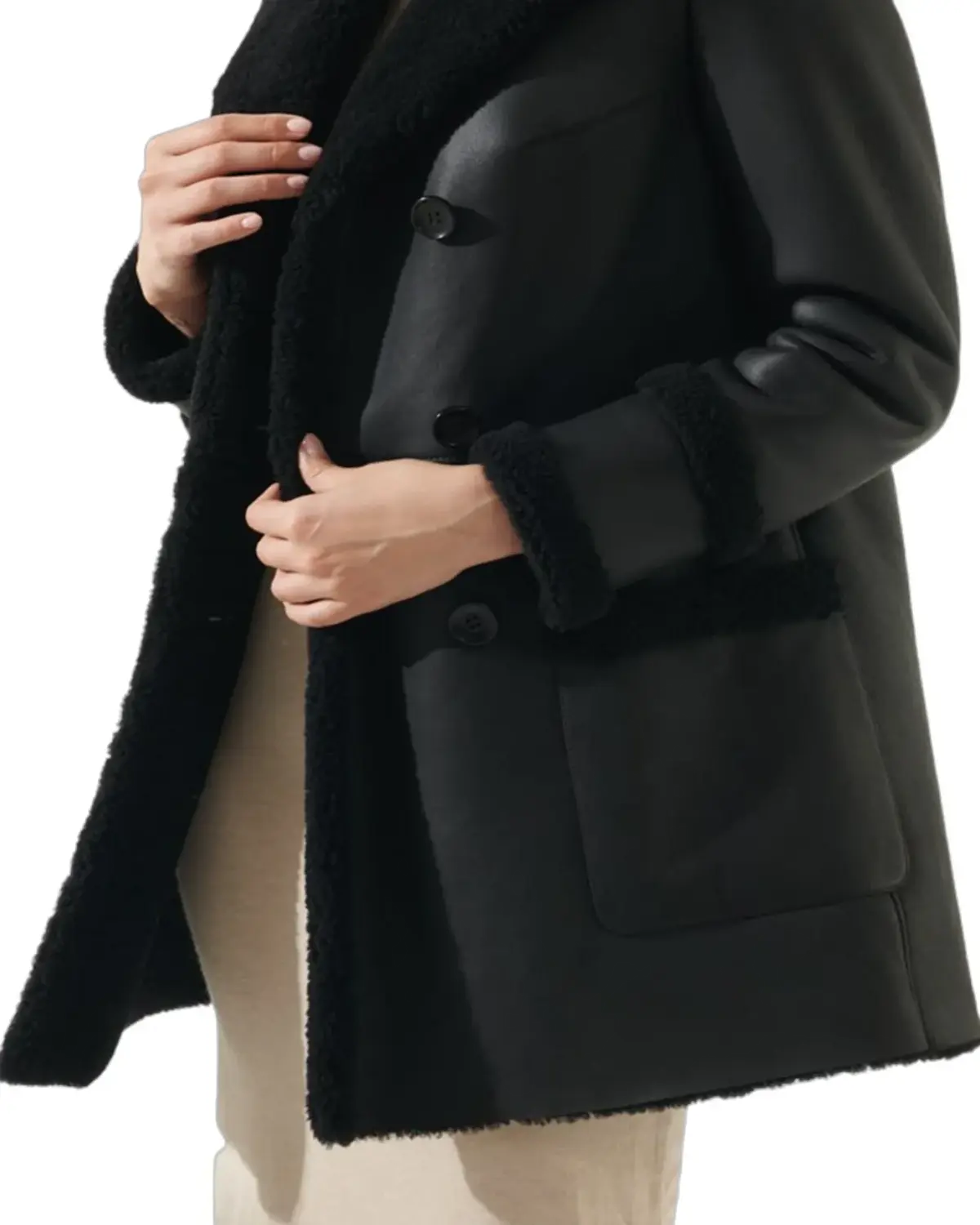 Womens Jet Black Shearling Leather Coat | Elite Jacket