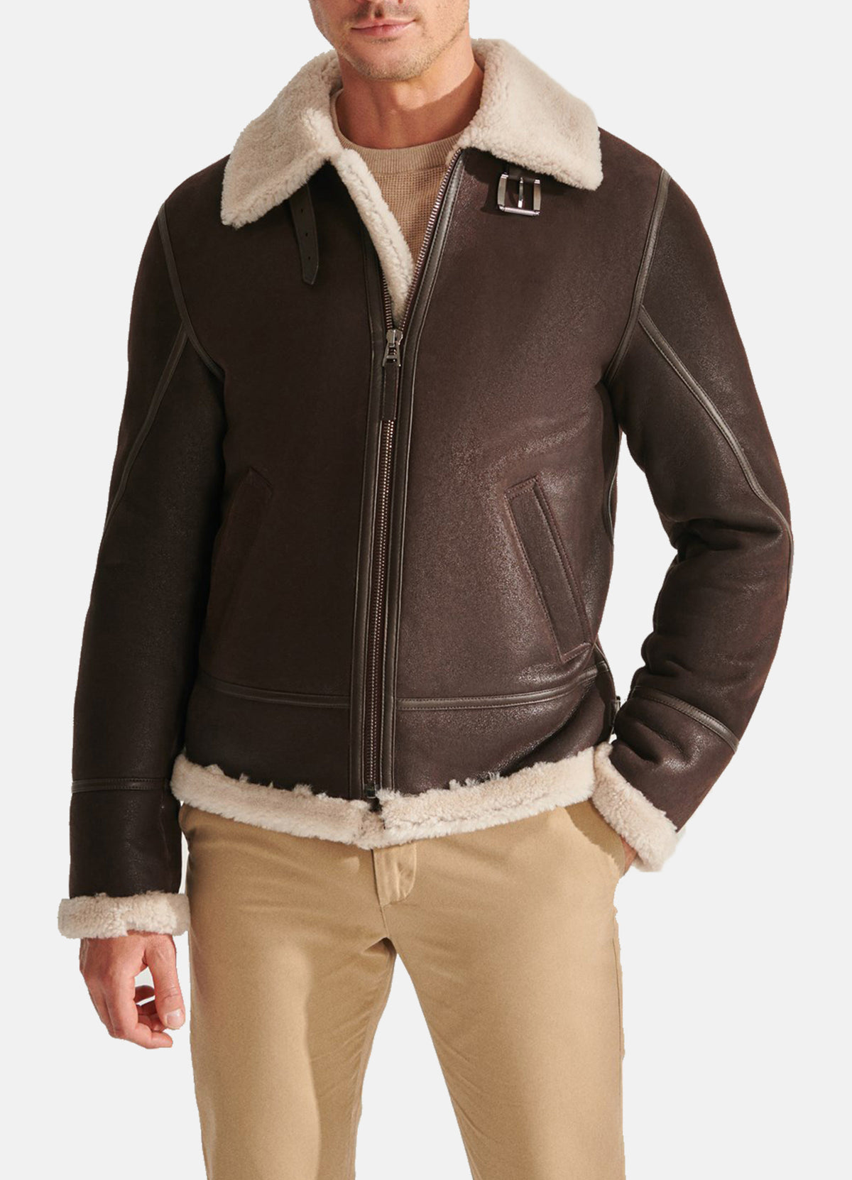 Mens Chocolate Brown Shearling Leather Jacket
