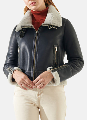 Womens Navy Blue Shearling Leather Jacket