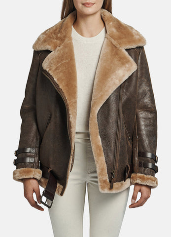 Womens Oversized Brown Shearling Leather Jacket