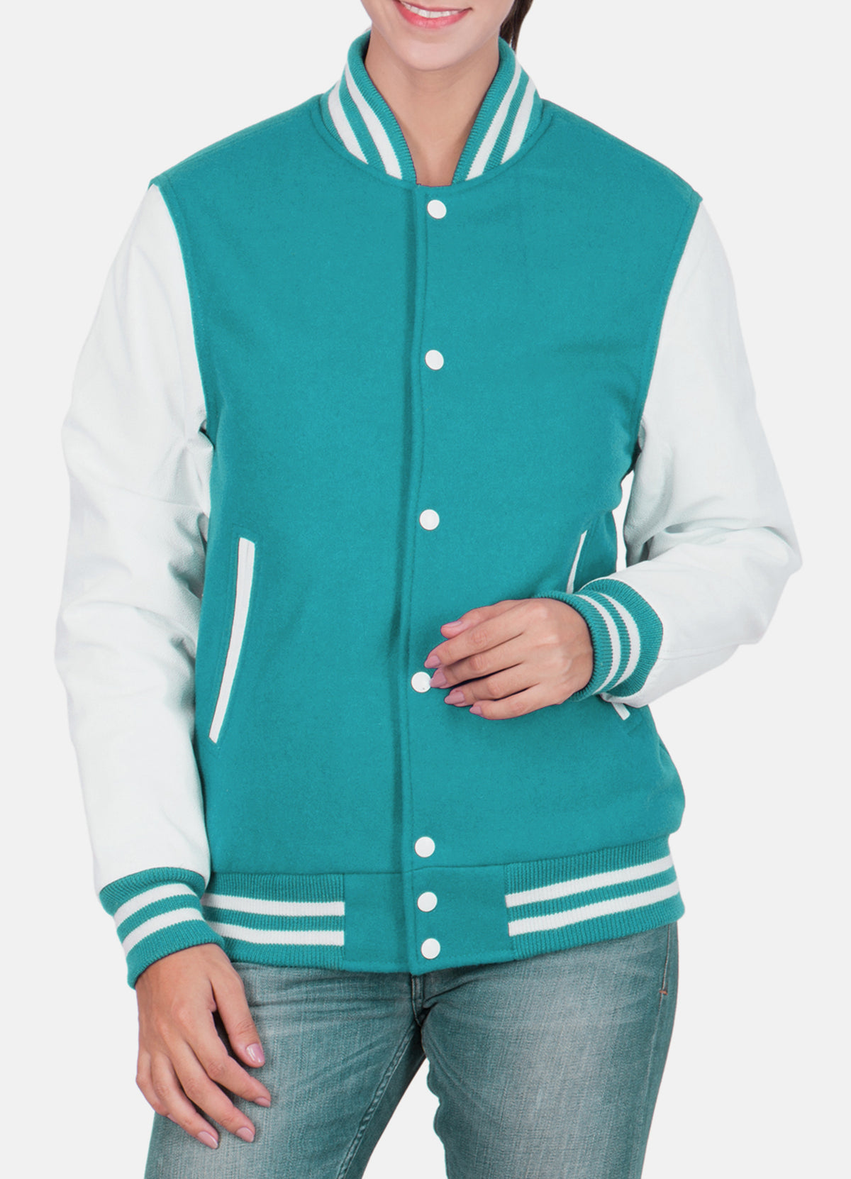 Cyan Jacket Womens Cyan and White Varsity Jacket | Elite Jacket