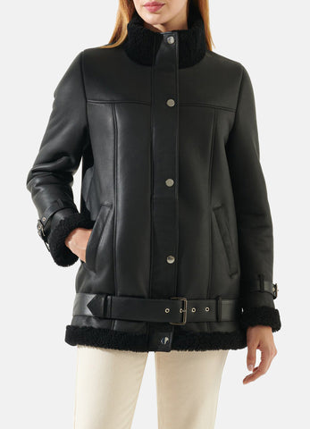 Womens Casual Black Oversized Shearling Leather Jacket