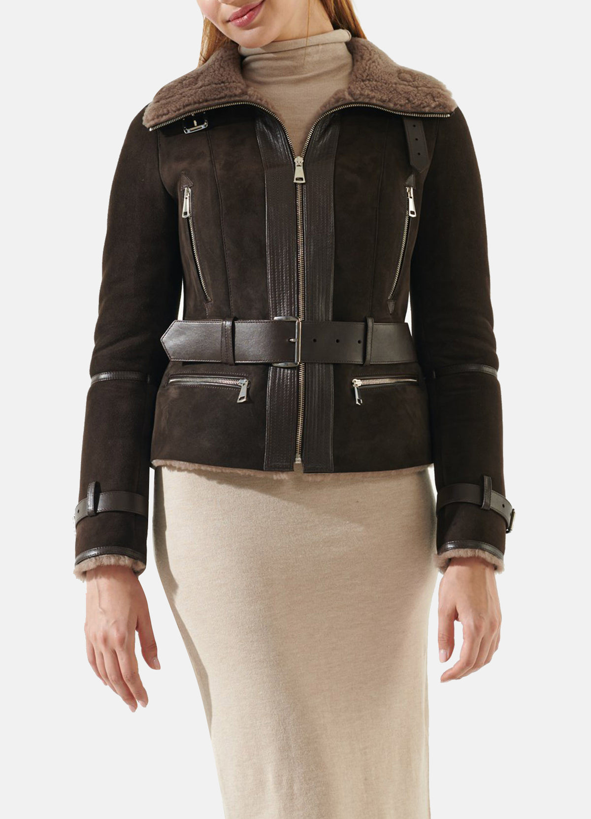 Womens Choco Brown Shearling Leather Jacket