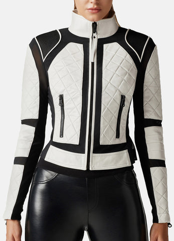 Womens White and Black Bikers Leather Jacket | Elite Jacket