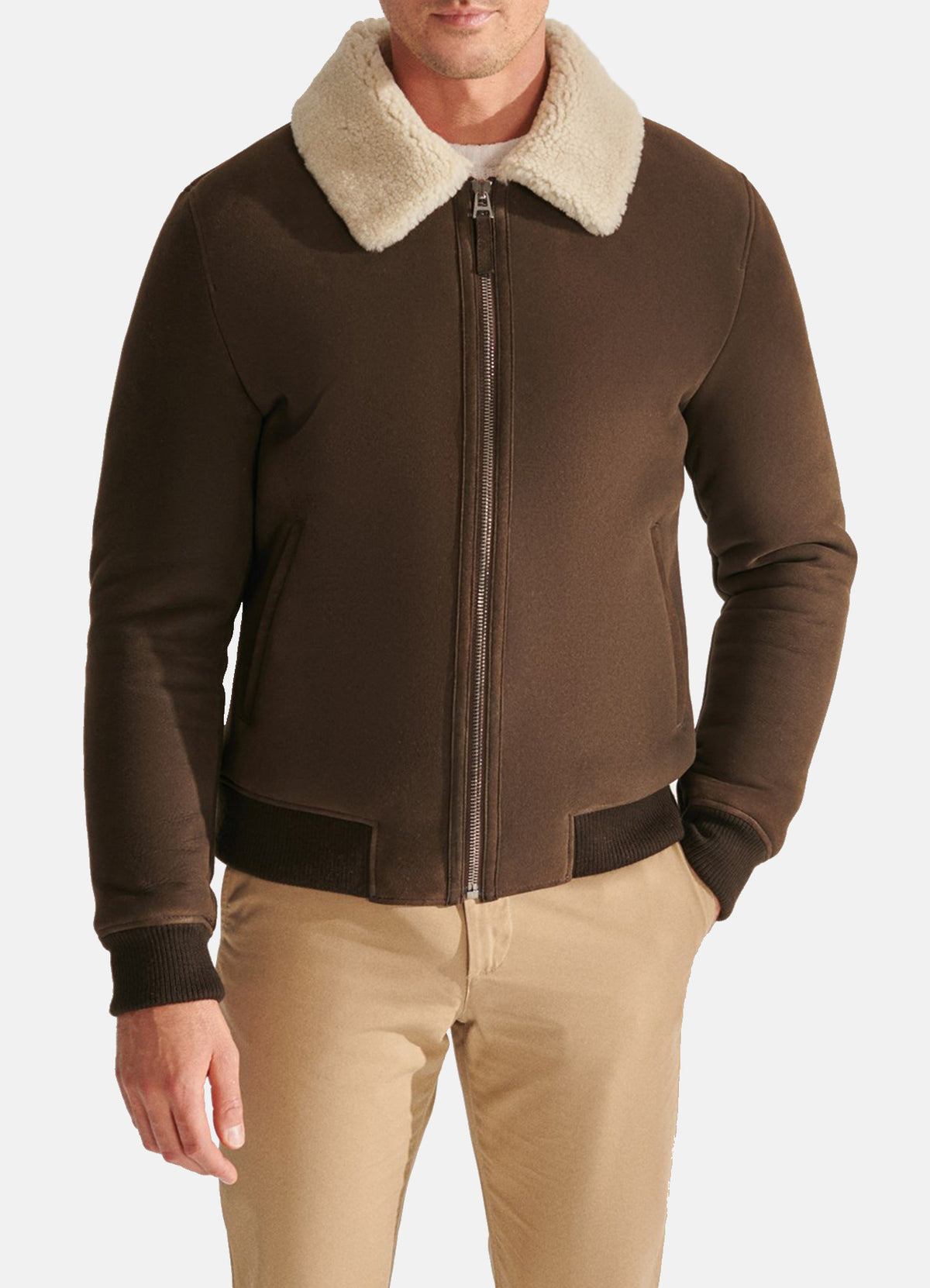Mens Coffee Brown Shearling Leather Jacket