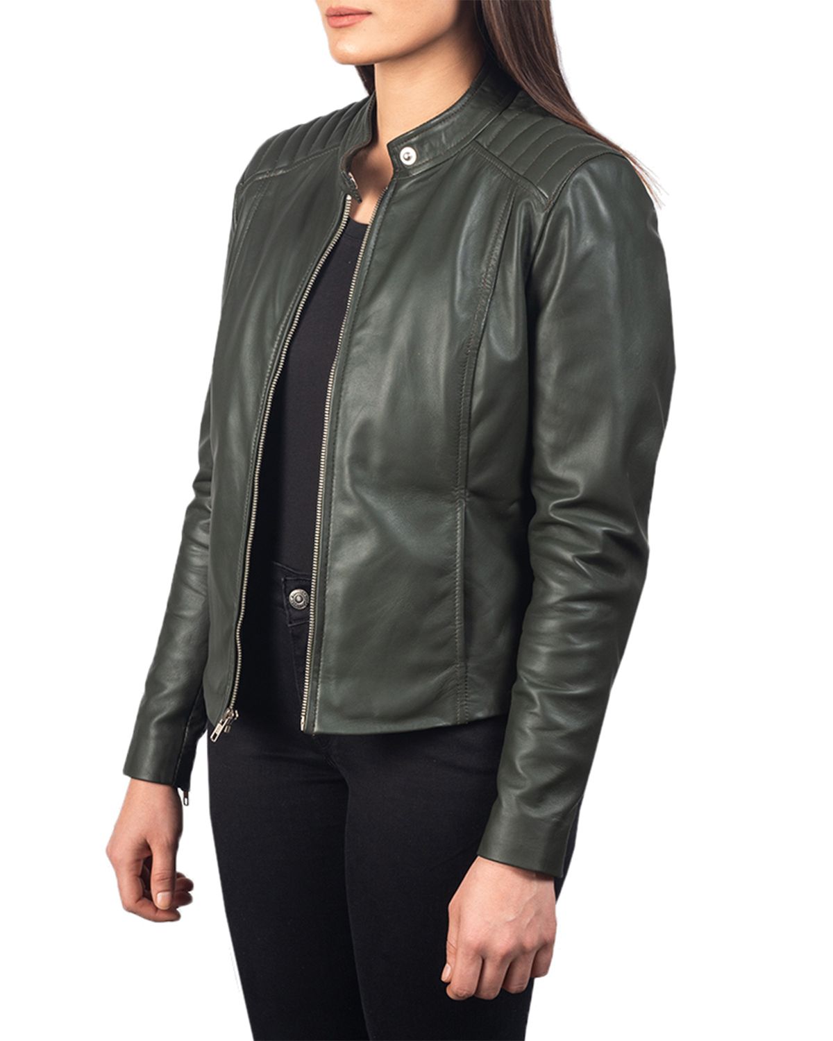 Womens Slim Fit Leather Jacket With Quilted Shoulders | Elite