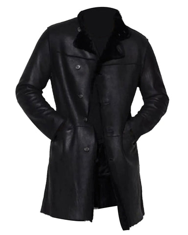 Mens Casual Lapel Collar Black Shearling Leather Coat
