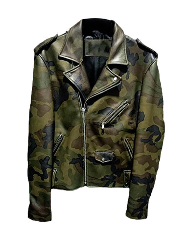 Mens Military Camouflage Leather Biker Jacket