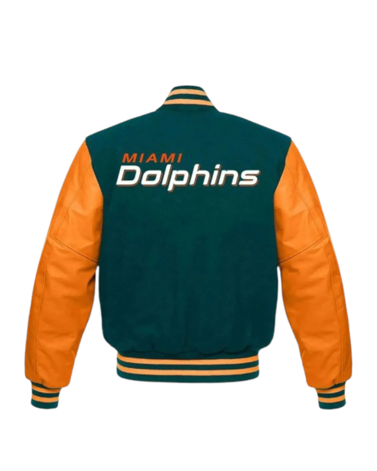 Miami Dolphins Green And Orange Leather Varsity Jacket