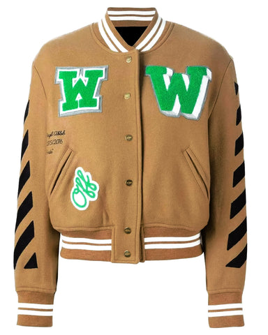 Brown Off White Striped Letterman Varsity Jacket