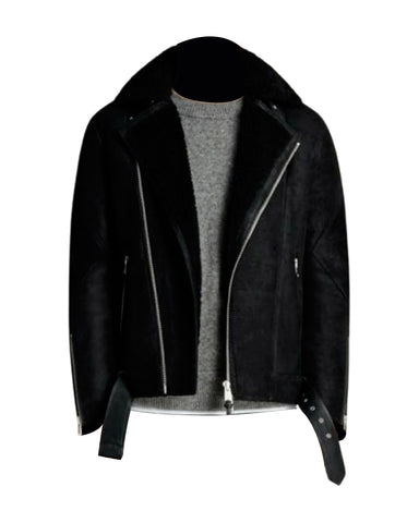 Mens Black Brooklyn Fur Collar Belted Shearling Leather Jacket 