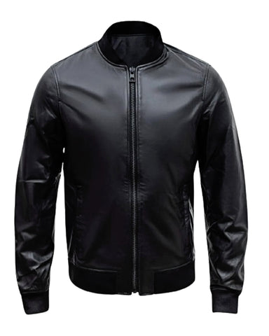 Mens Black Casual Lambskin Leather Bomber Jacket