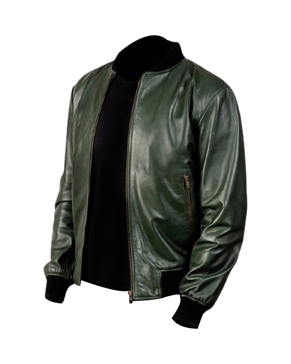 Mens Casual Green Leather Bomber Jacket