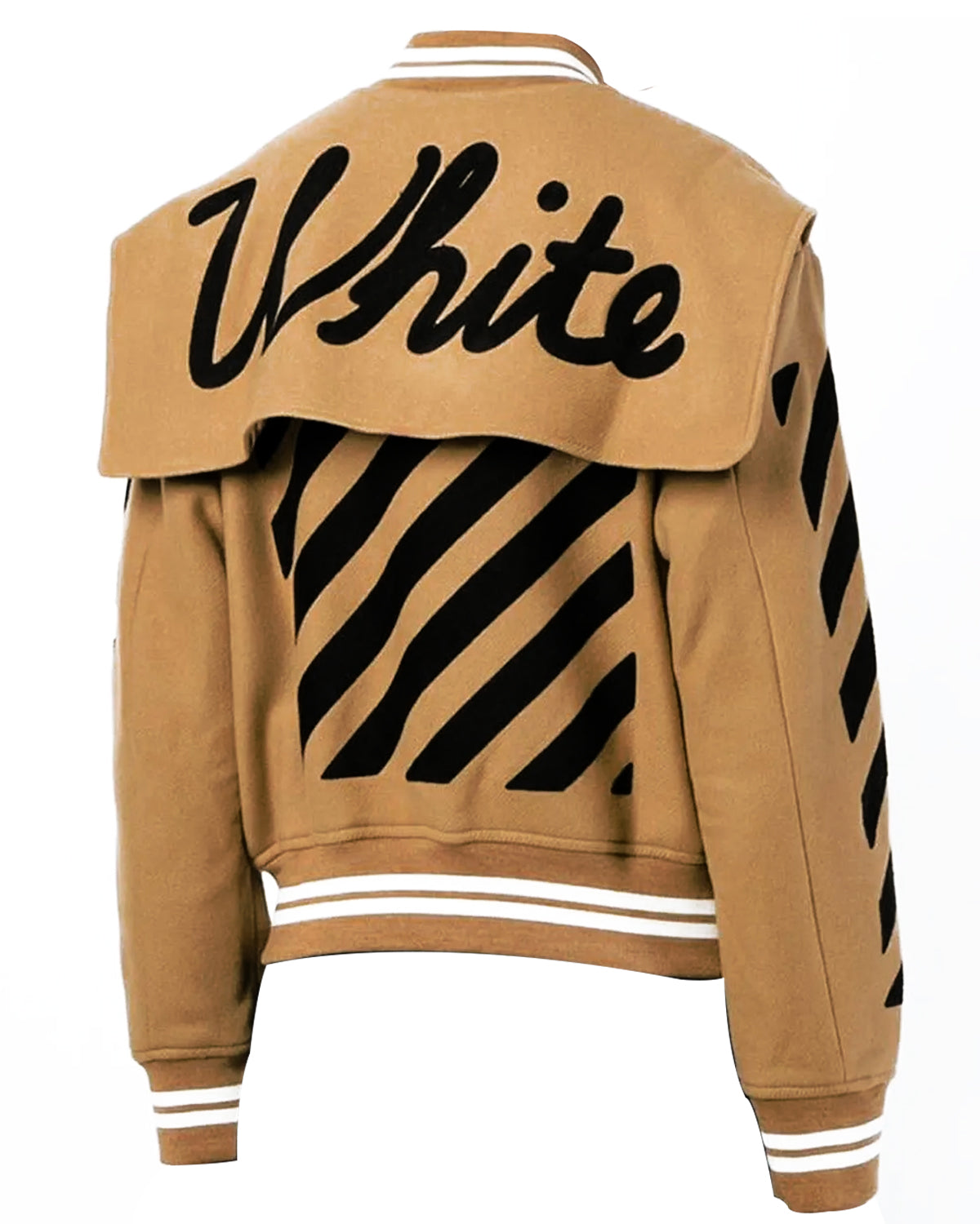 Brown Off White Striped Letterman Varsity Jacket