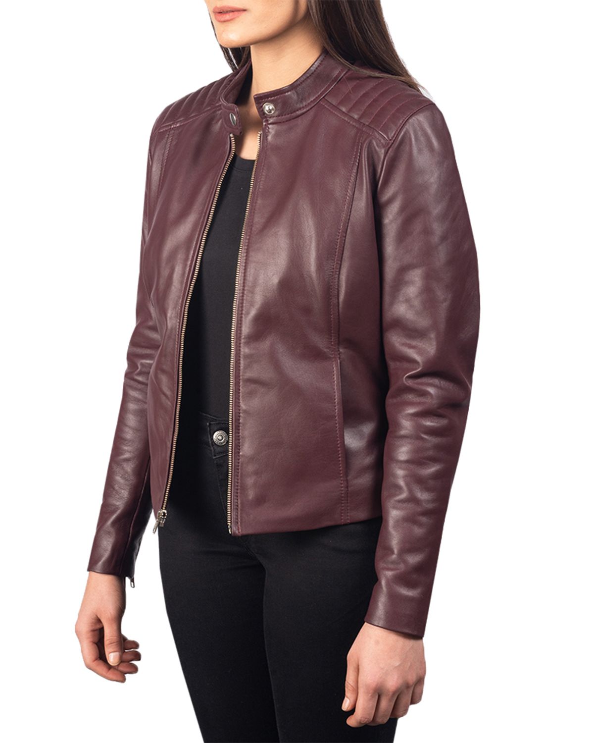 Womens Slim Fit Leather Jacket With Quilted Shoulders | Elite