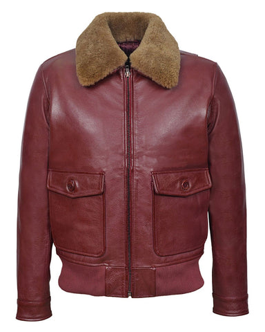 Elite Men's Cherry Bomber Ginger Fur Collar Real Leather Jacket