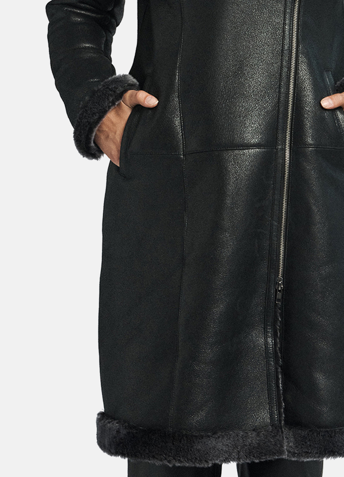 Womens Shiny Black Shearling Leather Coat