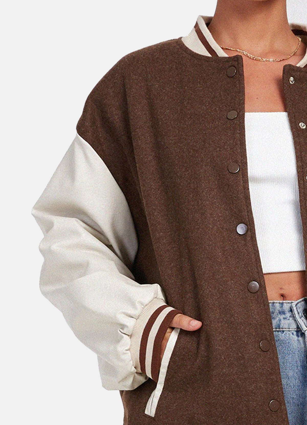 Womens Brown and White Oversized Varsity Jacket | Elite Jacket