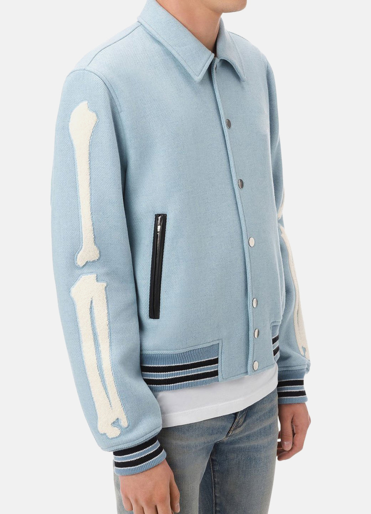 Mens Baby Blue Bone Design Varsity Jacket | Elite Jacket